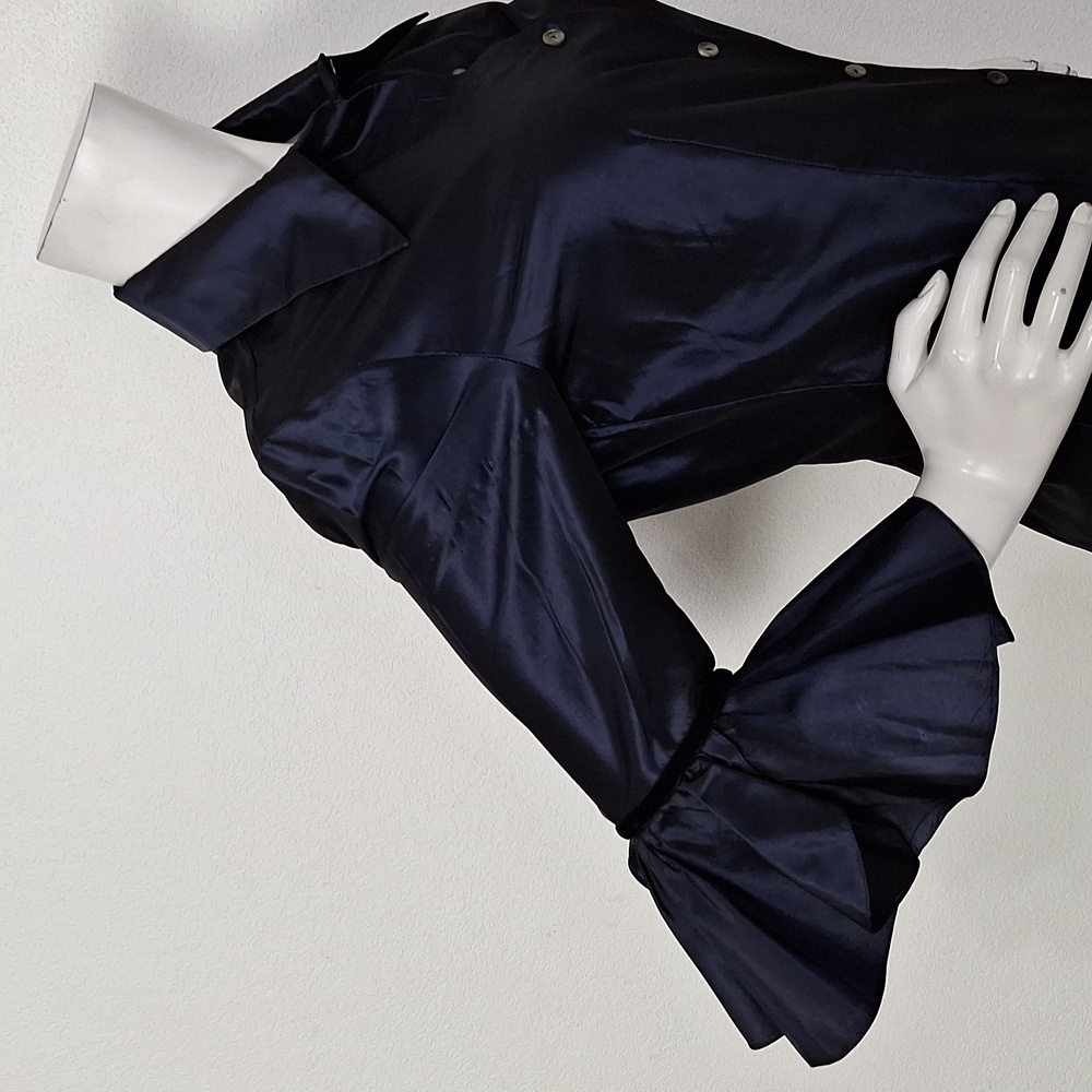 Naeem Khan Navy Blue 100% Silk Ruffle 3/4 Sleeves Button Front Blouse Size 8 - Picture 5 of 13